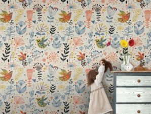 Μοτίβο λουλουδάκια και πουλιά Παιδικά Ταπετσαρίες Τοίχου 100 x 100 εκ.